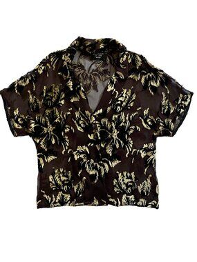 CREATURES OF THE WIND FLORAL PRINT CAMP SHIRT BROWN GOLD LAMÉ MADE IN USA